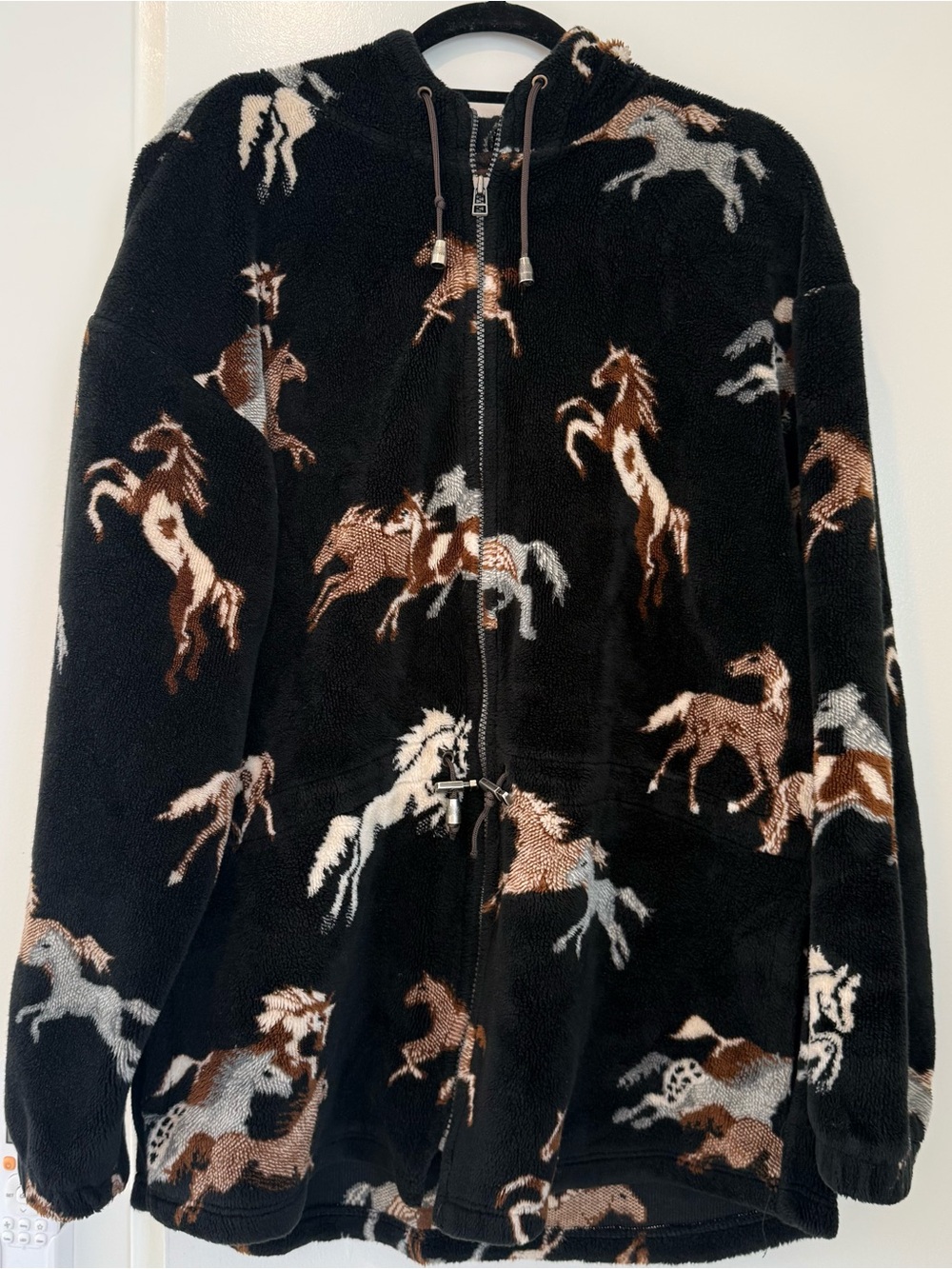Black Horse Print Fuzzy Zip-Up Hoodie